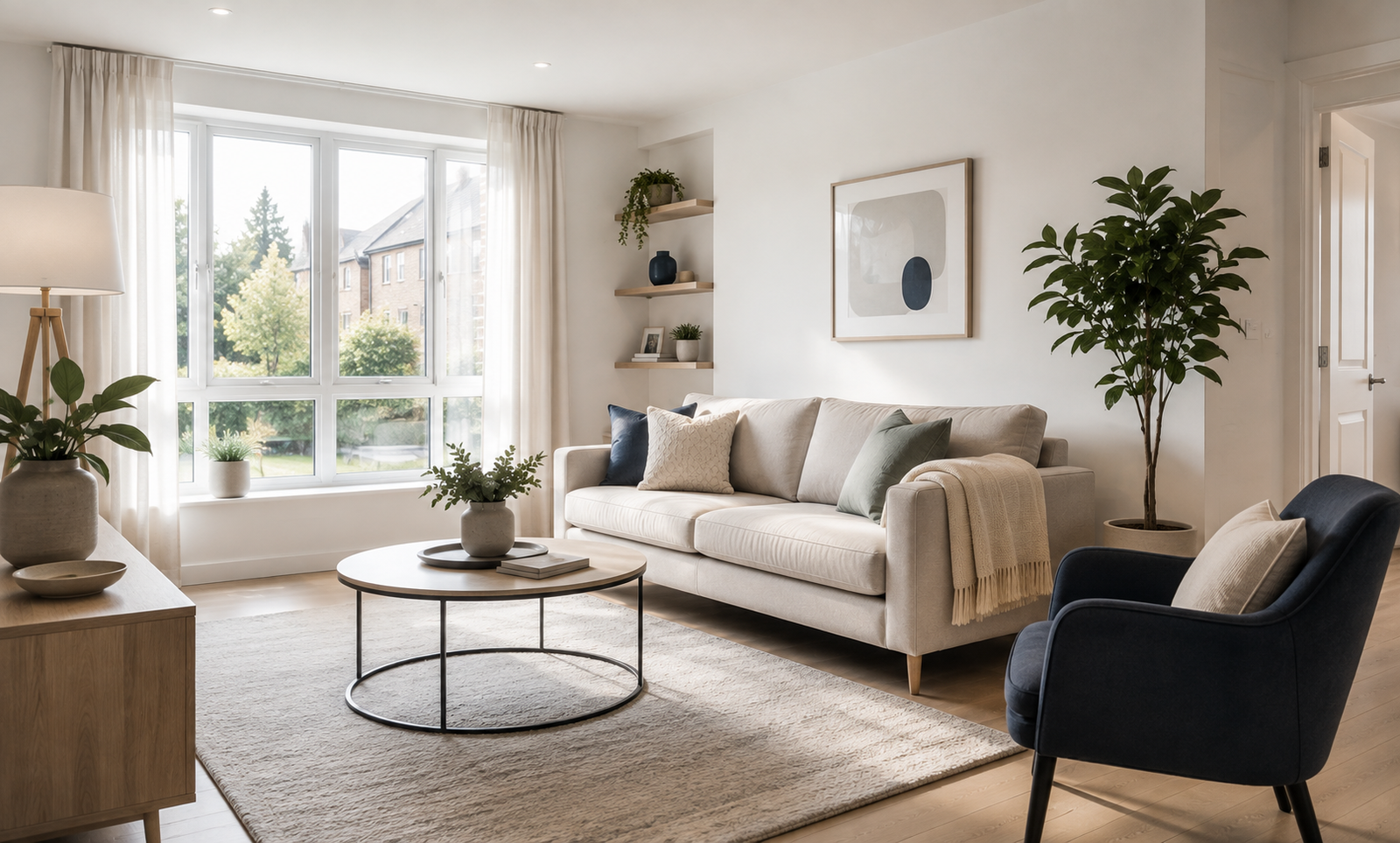 PropertyCareCo cleaners vacuuming, wiping surfaces and cleaning windows in a modern Glasgow home