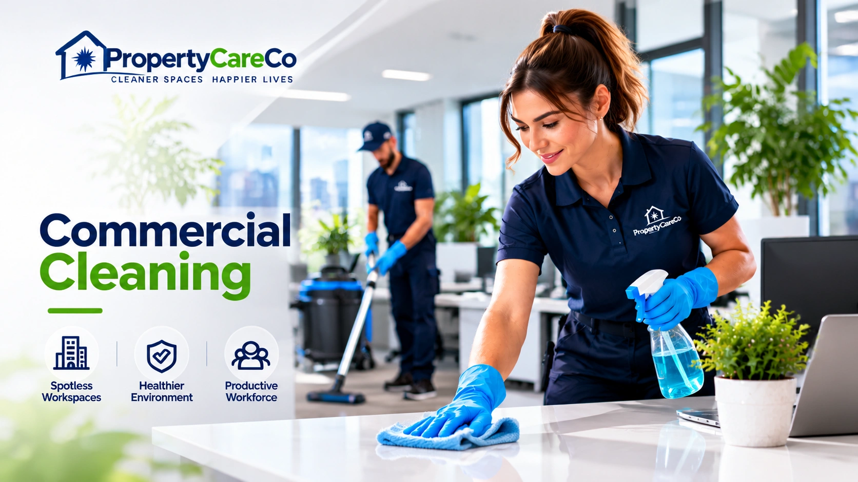 PropertyCareCo cleaners working in an office