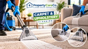 PropertyCareCo professional carpet and upholstery cleaning services in Glasgow, featuring deep carpet extraction and sofa cleaning using specialist equipment.