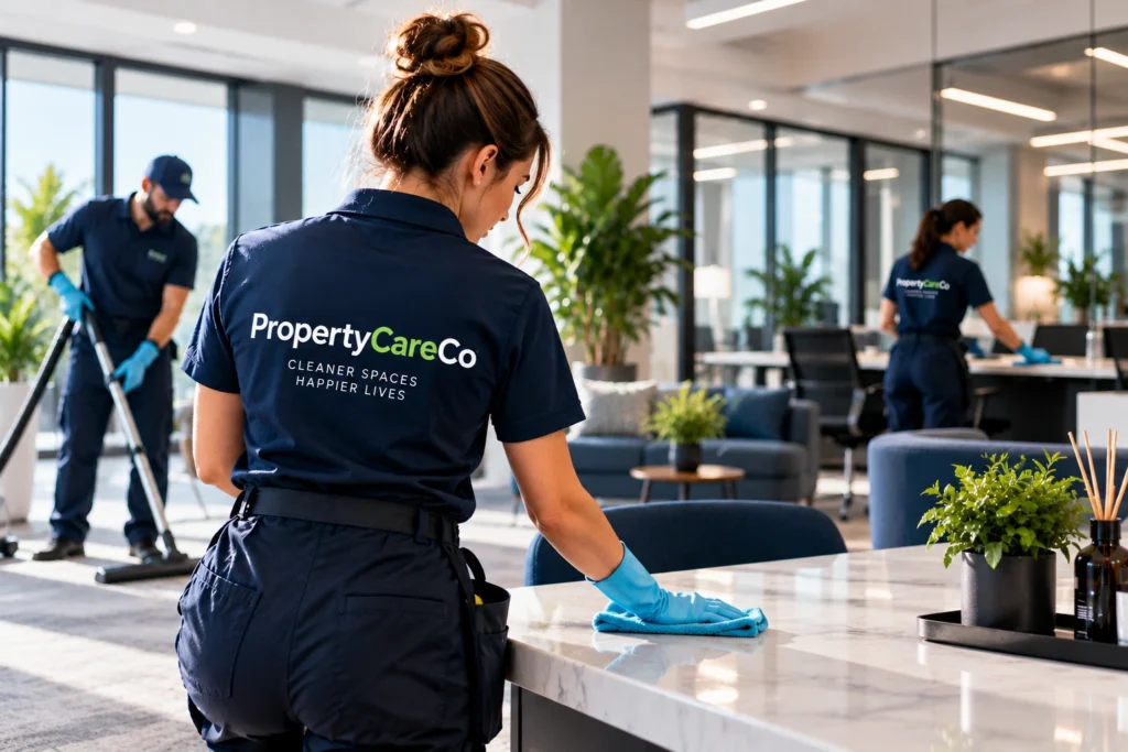 PropertyCareCo team providing professional cleaning services in a modern commercial property in Glasgow