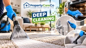 PropertyCareCo professional deep cleaning services in Glasgow, featuring carpet extraction, oven cleaning, bathroom tile scrubbing and upholstery steam cleaning.