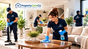 PropertyCareCo professional residential cleaning services in Glasgow, with a team of male and female cleaners vacuuming floors, wiping surfaces and cleaning windows in a modern home.