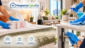 PropertyCareCo professional Airbnb and short-term rental cleaning services in Glasgow, featuring gloved hands preparing fresh towels, sanitising surfaces and cleaning door handles for a guest-ready property.